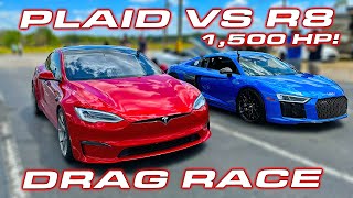 HOW TO BEAT A PLAID  1400 HP Audi R8 Twin Turbo vs Tesla Plaid Drag Race [upl. by Cicely]