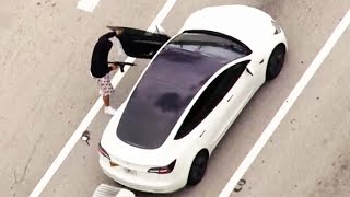 Armed Suspect Carjacks Tesla During HighSpeed Chase [upl. by Angel]