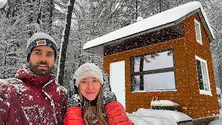 Winter camping in a Tiny Off Grid Cabin in a Snowstorm  20 Inches of Snow [upl. by Teiluj]