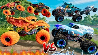 Monster Jam INSANE Fire VS Monster Jam Surf Mud Battle  BeamNG Drive [upl. by Catharina291]