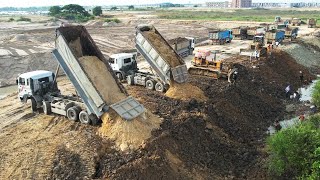 Finish Project Massive New Road Construction Bulldozer Spreading Dirt And 12 Wheel Dump Truck Unload [upl. by Olenta388]