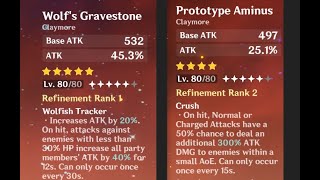 lv80 Wolfs Gravestone VS lv80 Prototype Aminus  Best weapon for DILUC Damage Comparison [upl. by Eireva677]