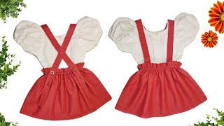 Baby Dungaree Skirt Cutting And Stitching  Baby Puff Sleeves Shirt With Dungaree Skirt [upl. by Solrak]