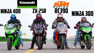 KAWASAKI ZX25R vs NINJA 300 vs NINJA 400 vs KTM RC390KAWASAKI racing team vs KTM Race Competition [upl. by Nipahc]