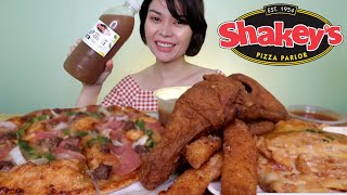 SHAKEYS MUKBANG  pizza lasagna mozzarella cheese sticks fried chicken and mojos [upl. by Eyram580]