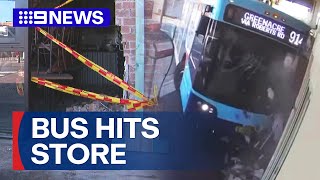 Bus crashes into storefront in Sydney’s southwest  9 News Australia [upl. by Melise479]