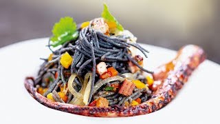 Paste din fasole neagra cu caracatita Black Bean Pasta with Octopus Recipe [upl. by Ellynad]