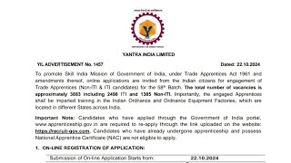 Yantra India limited recruitment 2024 ।। All india recruitment for ITI Trades।। ordinance job।। 2024 [upl. by Eveivenej]