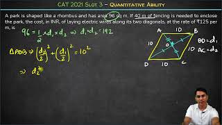 Park shaped like rhombus amp has area 96 sq m  Quadrilateral  CAT 2021 Slot 3 Quant Solution  PYQs [upl. by Milo]