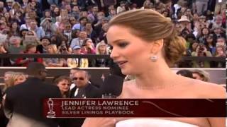 Jennifer Lawrence Oscars Red Carpet INTERVIEW 2013 Oscars Academy Awards Pre Show [upl. by Zebulon25]