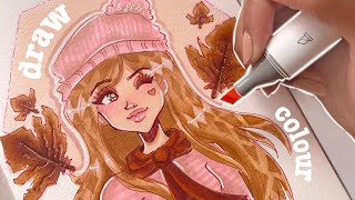 🍁 Draw Along  Marker Process With New Ohuhu Kaala Skintone Markers ✨ [upl. by Noynek312]