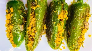 Gujarati Style Bharela Marcha  Chickpea Flour stuffed Jalapenos  Kathiyavadi Bharela Marcha [upl. by Reilamag189]