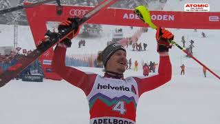 Manuel Feller 🇦🇹  Adelboden slalom Jan 7 2024 both runs podium amp interview weareskiing atomic [upl. by Aenehs]