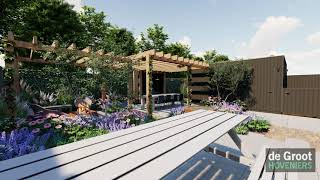 3303  De Groot Hoveniers  3D Tuinontwerp  Tuin met natuurlijke uitstraling pergola en berging 02 [upl. by Yttak262]