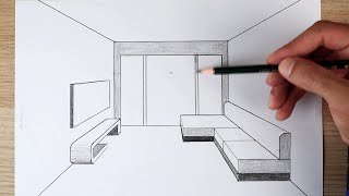 How to draw in 1point perspective  Arts Academy HD  Interior Design رسم تصميم داخلي حجرة الجلوس [upl. by Haldi912]