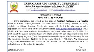 Gurugram University Teaching Vacancy 2024 gurugram teaching [upl. by Lindsy]