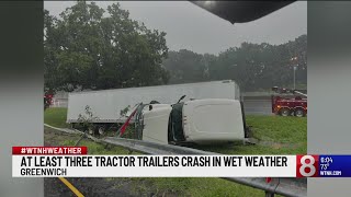 At least 3 tractortrailers crash in wet weather in Greenwich [upl. by Ahseinaj]