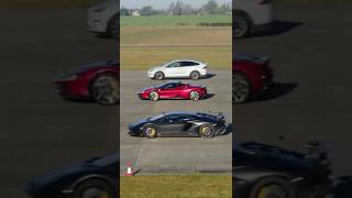 Model X plaid Vs Lambo SVJ Vs Ferrari SF90dragrace shorts ytshorts tesla ferrari lambo carwow [upl. by Oigroig]