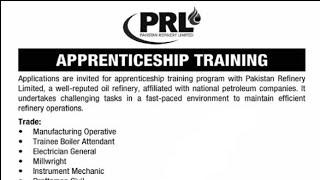 PRL Apprenticeship 2023  2024 Pakistan Refinery Limited Karachi DAE Training Latest [upl. by Nitsirc]