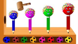 Learn Colors with Wrong Heads Cake Pops Pencil WOODEN FACE HAMMER XYLOPHONE Soccer Balls for Kids [upl. by Ainafets402]