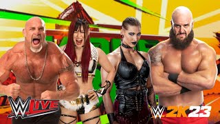 Tag Team Match Goldberg amp Iyo Sky Vs Brown strongman amp Rhea Ripley WWE 2K23 [upl. by Asylem]