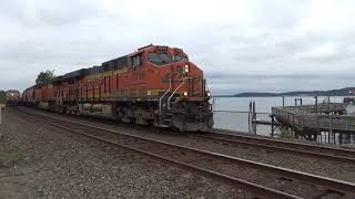 Northbound BNSF Grain Train passes through the Steilacoom Ferry Terminal Railroad Crossing [upl. by Ellenyl]