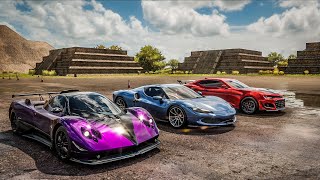 Forza Horizon 5 Drag Race Ferrari 296 GTB vs Hennessey Camaro Exorcist vs Pagani Zonda Cinque [upl. by Eiliak]