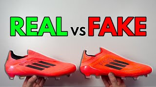 REAL VS FAKE ADIDAS F50 LACELESS VIVID HORIZON FOOTBALL BOOT COMPARISON CLEATS [upl. by Nahttam]