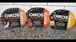 Oikos Protein REMIX Yogurt Coco Almond Chocolate Salted Caramel amp S’mores Review [upl. by Ydnamron60]