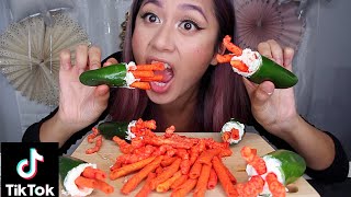 TRYING TAKIS CREAM CHEESE JALAPEÑOS WEIRD FOOD COMBO TIKTOK FOOD TREND [upl. by Ynottirb336]