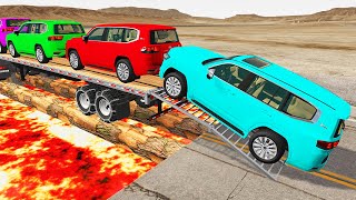 Double Flatbed Trailer Truck vs Speedbumps Train vs Cars  Tractor vs Train BeamngDrive [upl. by Wojcik620]