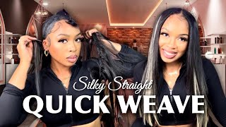 How To Silky Straight Quick Weave With Middle Part Leave Out Tutorial  Beginner Friendly [upl. by Eahsat510]