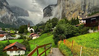 Lauterbrunnen Switzerland  Rainy walk in the most beautiful Swiss village  Fairytale village [upl. by Aisanahta]