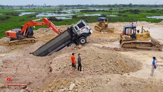 Incredible Hyundai Truck Backwards​ Failed Heavy Helping Recovery Two Komatsu Bulldozer​ Excavator [upl. by Pfister]