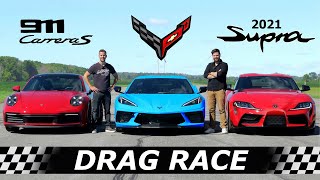 C8 Corvette vs 992 Carrera S vs 2021 Toyota Supra  DRAG RACE ROLL RACE amp LAP TIMES [upl. by Shifra43]