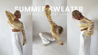 YELLOW SUMMER SWEATER crochet tutorial  sleeves  mesh shrug  4 patterns  mohair [upl. by Llenehs]