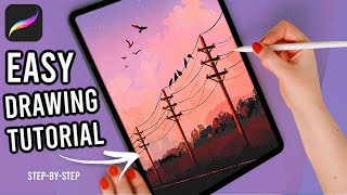 Sunset amp Power Lines  Painterly Style Landscape  PROCREATE Drawing Tutorial [upl. by Erreip228]