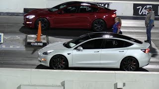 The difference between Plaid and model 3 Tesla  drag racing [upl. by Enerol]