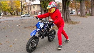 Kids Ride on Power Wheels and Pretend Play with Cross Mini Motorbike  Video for Children [upl. by Tiffanle]