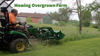 Mowing this Overgrown Vacant Ohio Farm  JD 1025R amp Kubota L4400 with mowingmatt [upl. by Lyrad189]