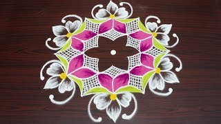 Simple flower rangoli with 9x5 dots  colourful kolam designs  muggulu for beginners [upl. by Lanaj]