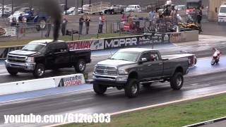 Huge Cummins Ram vs Built Duramax Diesel Drag Race [upl. by Lilas]