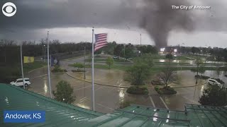 Tornado uproots trees as it rips through city in Kansas [upl. by Hilten]