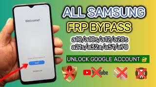 Samsung a10a10sa12a20sa21sa32a51a70 FRP Bypass  Unlock Google Account  Not Install [upl. by Eiramacissej319]