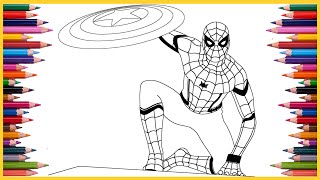 Coloring Spiderman with Captain America Shield  Marvel Superhero Coloring Page [upl. by Ilaw]