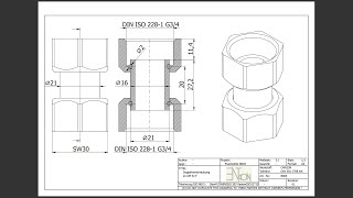 FreeCAD22 B003 Doppelverschraubung 2xÜM 34” Körper erstellen Klon erstellen Schnittansicht einfügen [upl. by Ynatirb]