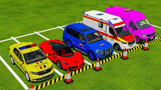 DACIA FERRARI FORD VOLKSWAGEN POLICE CARS amp MERCEDES AMBULANCE EMERGENCY CAR TRANSPORTING  FS22 [upl. by Adleremse607]