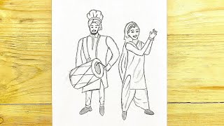 Draw A Baisakhi Couple  Drawing Tutorial  Sketch Art Tutorial  Dancing Couple  Bhangra Couple [upl. by Eelarac]