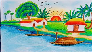 Village nature art🩵🏡❤️Village scene easy drawing Prakritik drisso drawingSunset scenery drawing [upl. by Montfort]