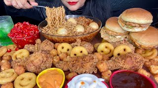 ASMR EATING SPICY NOODLESFRIED CHICKENPOTATO SMILEYSCHICKEN BURGERRED CHILLI ASMR EATING [upl. by Airogerg387]